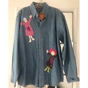 Harriton Denim Shirt Applique Girls‎ Cartoon Characters Blue Button Up  size L